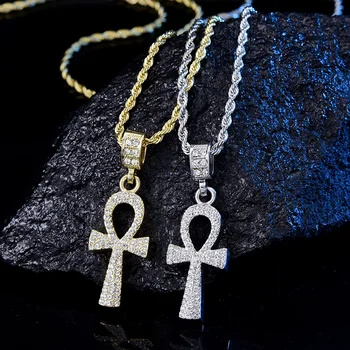 Cruce Aliaj Pandantiv Pentru Barbati de culoare Argintie-Cheie de Viață Egiptean Farmecul Colier Bijuterii Hip Hop de Gheață Afară de Cristal Ankh Bling Bling
