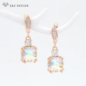 S&Z DESIGN Nou Moda de Lux Colorate Pătrat Cristal Zirconia Cercei Legăna 585 Aur a Crescut Cercel Pentru Femei Bijuterii de Nunta