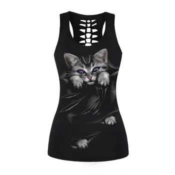 Stil de vara Femei 3D Pisica Drăguț Imprimate Negru Topuri Rezervor O de Gât Sexy Spate Gol Afară Tricouri fără Mâneci Subțire de Fitness Negru Veste