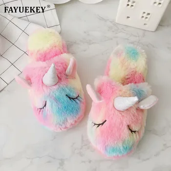 FAYUEKEY 2019 Noi Colorate Drăguț Unicorn Bumbac de Pluș Pantofi Plat pentru Femei Podea Acasă Curcubeu Unicorn Papuci de casă Zapatos De Mujer