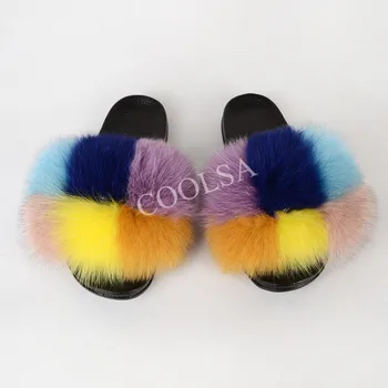 COOLSA New Sosire Doamnelor Curcubeu de Pluș, Papuci de Vulpe Blană Pufos Slide-uri de Femei Drăguț cu Blană Plus Dimensiune Pantofi de Plaja Flip Flops