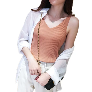 QRWR 2020 Noi de Toamna pentru Femei Pulover Sexy si Elegant de Bază Tricotate Casual V Gâtului fără Mâneci Vesta Pulover Femei