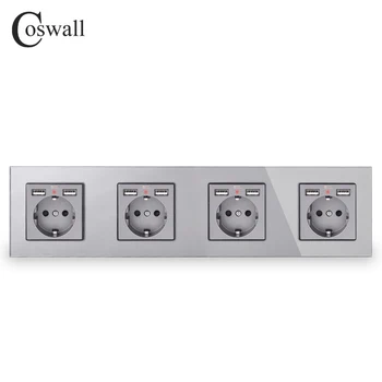 COSWALL 3/4 Gasca Rusia Spania UE Priză Standard de Perete + Dual USB Portul de Încărcare Ascunse Moale Indicator LED Gri Gri Panou de Sticlă
