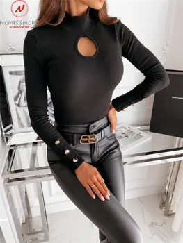 Sexy Femei Solide De Culoare Tricouri Gol Afară De Proiectare Buton Decor De Înaltă Guler Maneca Lunga Primavara Toamna Slim Pulovere Top