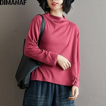 DIMANAF Femei T-Shirt Bumbac Solidă Guler Camasi Lejere Casual Doamna Topuri Tunic Tee de Bază Supradimensionat cu Maneci Lungi Haine de Primăvară
