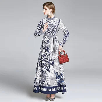 Pista toamna rochii pentru femei, o-neck maneca lunga eleganta rochie lunga arc eșarfe vintage print maxi dress halat hiver femme 2020