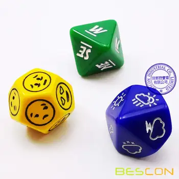 Bescon Emoție, Caracterul și Direcția Zaruri Set, 3 piese de Proprietate Poliedrice Zaruri RPG Stabilit în Albastru, Verde, Galben
