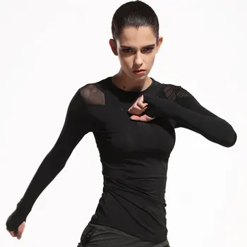 Negru De Femei Ochiurilor De Plasă Gol Yoga Top Complet Maneca Sport Tricou Iute Uscat Fitness-Îmbrăcăminte De Sport Sală De Funcționare Jogging Tricouri
