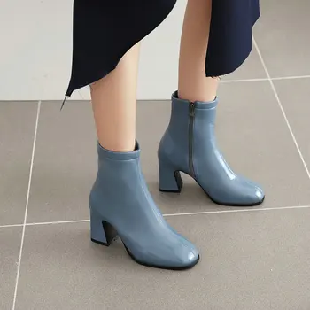 2020 toamna iarna nou albastru bej doamnelor pantofi de culoare solidă bloc tocuri inalte cu fermoar femei glezna cizme de moda botine marimea 34-44