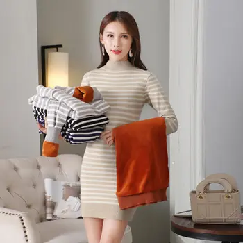Toamna Iarna 2019 New Sosire Femei Guler Înalt Versiunea Coreeană Tricotate Rochie Pulover Subțire Gros Pulover Pulovere Lungi Striate