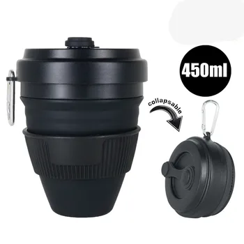 450ml Pliere Silicon Cupa Cani Portabil Silicon Telescopic Potabilă Pliabil Siliciu Ceașcă de Cafea Cu Capace de Călătorie Negru