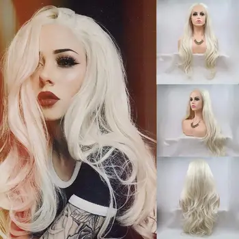 Blonda de platină Peruci Fata Dantelă Lung Ondulat Natural Parului Partea de Mijloc Înlocuitor Sintetic Peruca de Păr pentru Femei de 24 de Inci
