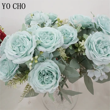 YO CHO 6 Capete de Mătase Bujor Flori Artificiale Nunta Fată care Deține Floare de Bujor Grămadă Albastru Tiffany Mini Buchet Petrecere Acasă Decor