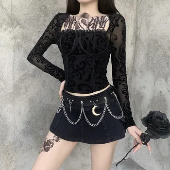Negru Goth Dantela Mozaic de Bază Femei T-shirt 2021 Toamna Lady Pătrat Guler Transparent Lung-pleaca de Moda se Răcească Sexy Tricou Nou