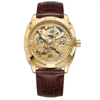 FORSINING CEAS de Moda casual gol de afaceri bărbați ceas de aur de caz și dial curea din piele maro automată neutrale ceas