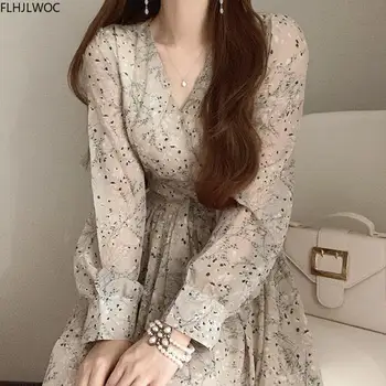 2020 Toamna De Bază Rochie Lunga Cu Maneci Lungi V-Neck Floral Imprimat Retro Vintage O Linie De Rochii Pentru Femei Chic Coreea Moda Vestidos