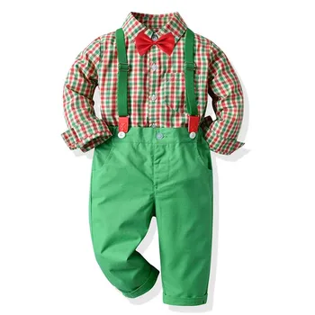 Crăciun Băiat de Îmbrăcăminte Set Costum Rochie Domn Carouri Camasa cu Papion + Pantaloni Verzi Petrecere Copil Frumos la Haine Baieti Haine