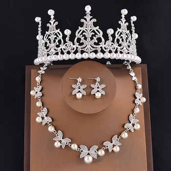 Mireasa Seturi de Bijuterii Perla Diademe și Coroane Set Colier si Cercei Cap de Bijuterii de Nunta Regele Regina Princess Crown Femei Partid