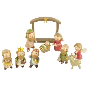 Colectia Christian Mini Seturi de 10buc Scena Nașterii de Crăciun include Iesle, Iosif, Isus, Maria și Întelepți
