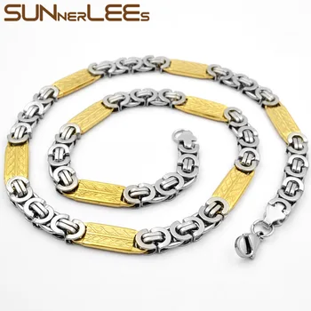 SUNNERLEES Bijuterii din Oțel Inoxidabil Colier 9mm Geometrice Bizantin Link-ul Lanț de Argint de Culoare Placat cu Aur Barbati Femei SC109 N