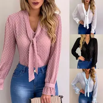 Elegant Șifon Bluze cu Maneci Lungi V-Neck Noua Moda Femei Camasa Office Bluza Slim Casual Femei Polka Dot Top plus dimensiune