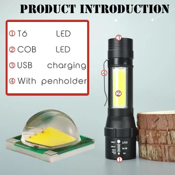 Portabil cu Lanterna LED-uri USB Reîncărcabilă construit în baterie Puternic T6 +COB zoom lanterna linterna coada magnet Lumina de Lucru