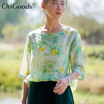 OriGoods de Vară Floare de Imprimare Bluza Femei Ramie O-neck Floral Bluza Tricou Kawaii Drăguț Calitate Bluza Pentru Femei Topuri de Vara E016