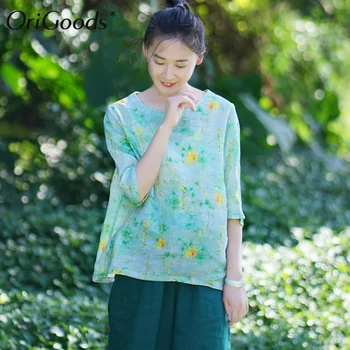 OriGoods de Vară Floare de Imprimare Bluza Femei Ramie O-neck Floral Bluza Tricou Kawaii Drăguț Calitate Bluza Pentru Femei Topuri de Vara E016