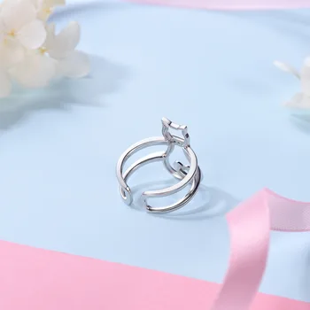 U7 Argint 925 Pisica Drăguț Inima Inel Pentru Femei Design Gol de Logodna Bijuterii Cadou Delicat CZ Deschide Inel Reglabil
