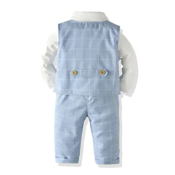 2020 Moda pentru Copii Haine de Băieți Seturi 3pcs Plaid Print Papion Topuri cu Maneci Lungi Vesta Pantaloni Domn Utilaje
