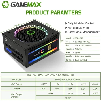 GameMax 750W RGB Alimentare pentru Coumputer Complet Modulara, 80 PLUS Gold PSU ARGB CONDUS 24pin 12V PC sursele de Alimentare RGB750-Curcubeu