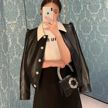 Haina de iarna femei 2020 moda diamante butoane de turn-down guler maneca lunga PU negru din piele, paltoane și jachete femei