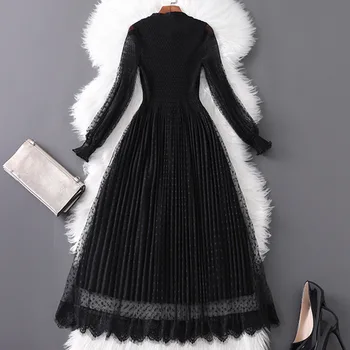 Femei polka dot long sleeve mesh negru rochie stil gotic arc guler întinde o-linie elegant rochii midi 2019 toamna