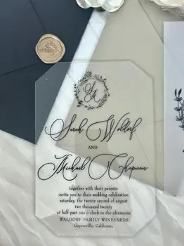 Clar Acrilic INVITATII de NUNTA cu laser tăiat geometric plexiglas negru aur alb de lux moderne caligrafie coroană de flori botani