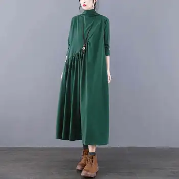 2020Autumn nou stil casual jumătate de înaltă gât mijlocul fusta lunga cu fundul rochie cu maneci lungi pentru femei