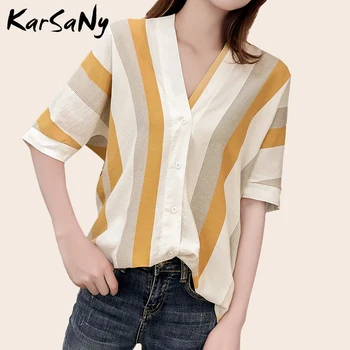KarSaNy Bumbac Bluza Femei Plus Dimensiune Topuri Feminina Bluze Cu Dungi Tricou Femei Bluza De Vara Cu Maneci Scurte Lenjerie De Pat Din Bumbac Pentru Femei