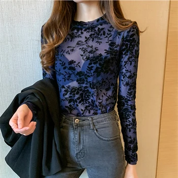 Moda coreeană Plasă de Bluze pentru Femei Floral Office Lady Tricou si Bluza cu Maneca Lunga Blusas Largas Plus Dimensiune XXXL Femei Topuri Sexy