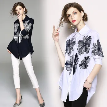 BLLOCUE Epocă Broderii Florale Neregulate Liber Bluze Femei Elegante Office Casual Fashion Street Tricou Lady Lenjerie de pat din Bumbac Top