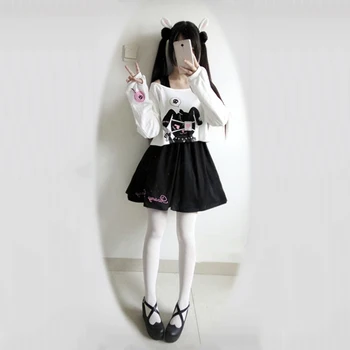 Fanco Negru De Benzi Desenate Iepure Rochie Fete 2 Buc Costum De Bumbac Dulce Scurt Drăguț Bunny Imprimare Mâneci Lungi Japoneză Lolita