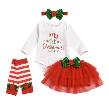 Copil nou-născut Fete 0-24M Mea 1 Costum de Crăciun cu Maneci Lungi Vladan+Fusta Tutu+Încălzit de Picior+Headband Set pentru Fete pentru Copii