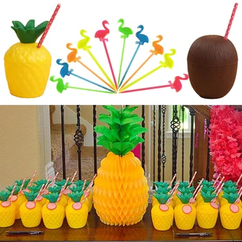 Petrecere de vara, Ananas, nucă de Cocos Bea Cupe cu Paie pahar de Plastic pentru Petrecere Hawaiian Consumabile Flamingo Tema Luau Party Tropical