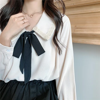 Bluze Femei Plus Dimensiune Largi Stil Preppy Sifon Mozaic All-meci Peter Pan Guler Ins Haine de Moda coreeană Arc Estetice