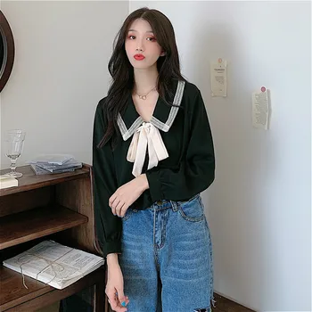 Bluze Femei Plus Dimensiune Largi Stil Preppy Sifon Mozaic All-meci Peter Pan Guler Ins Haine de Moda coreeană Arc Estetice