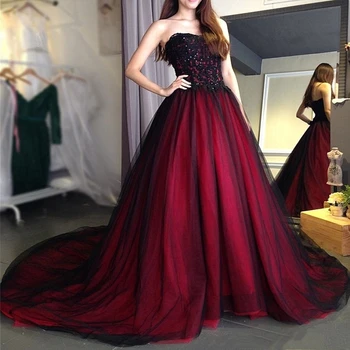 2018 Sexy Gotic rochie de mireasa negru și roșu Sweetheart ștrasuri din Mărgele Dantelă Lung Negru, Visiniu Rochii de Mireasa rochie de mireasa