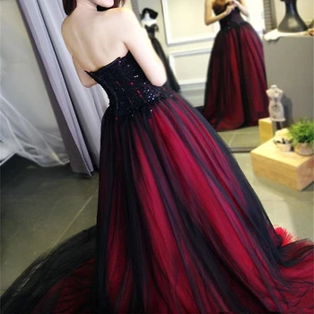 2018 Sexy Gotic rochie de mireasa negru și roșu Sweetheart ștrasuri din Mărgele Dantelă Lung Negru, Visiniu Rochii de Mireasa rochie de mireasa