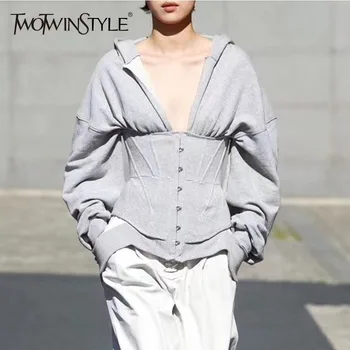 TWOTWINSTYLE Primăvară Jachete Pentru Femei Hoodies Maneca Lunga V Gâtului Talie Mare Slim Tricoul Topuri de Moda de sex Feminin Nou 2020