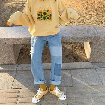 Drăguț Stil Japonez Tricoul de Floarea-soarelui Imprimare Femei Maneca Lunga O-gât Vrac Pulovere Streetwear Casual cu Glugă Topuri de sex Feminin