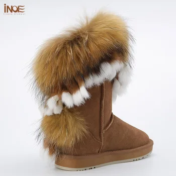 INOE vacă din piele de vulpe blană de iarna cizme de zapada pentru femei pantofi de iarna blana de iepure ciucuri pantofi balerini maro negru gri 35-44