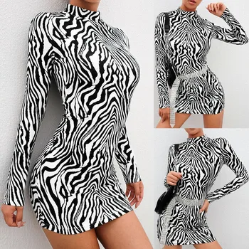 Hirigin Sexy Femei Bodycon Maneca Lunga Zebra cu Dungi Rochie Clubwear Imprimare Guler Slim Rochie de Petrecere de Seara Mini Rochie de Creion