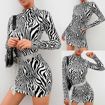 Hirigin Sexy Femei Bodycon Maneca Lunga Zebra cu Dungi Rochie Clubwear Imprimare Guler Slim Rochie de Petrecere de Seara Mini Rochie de Creion